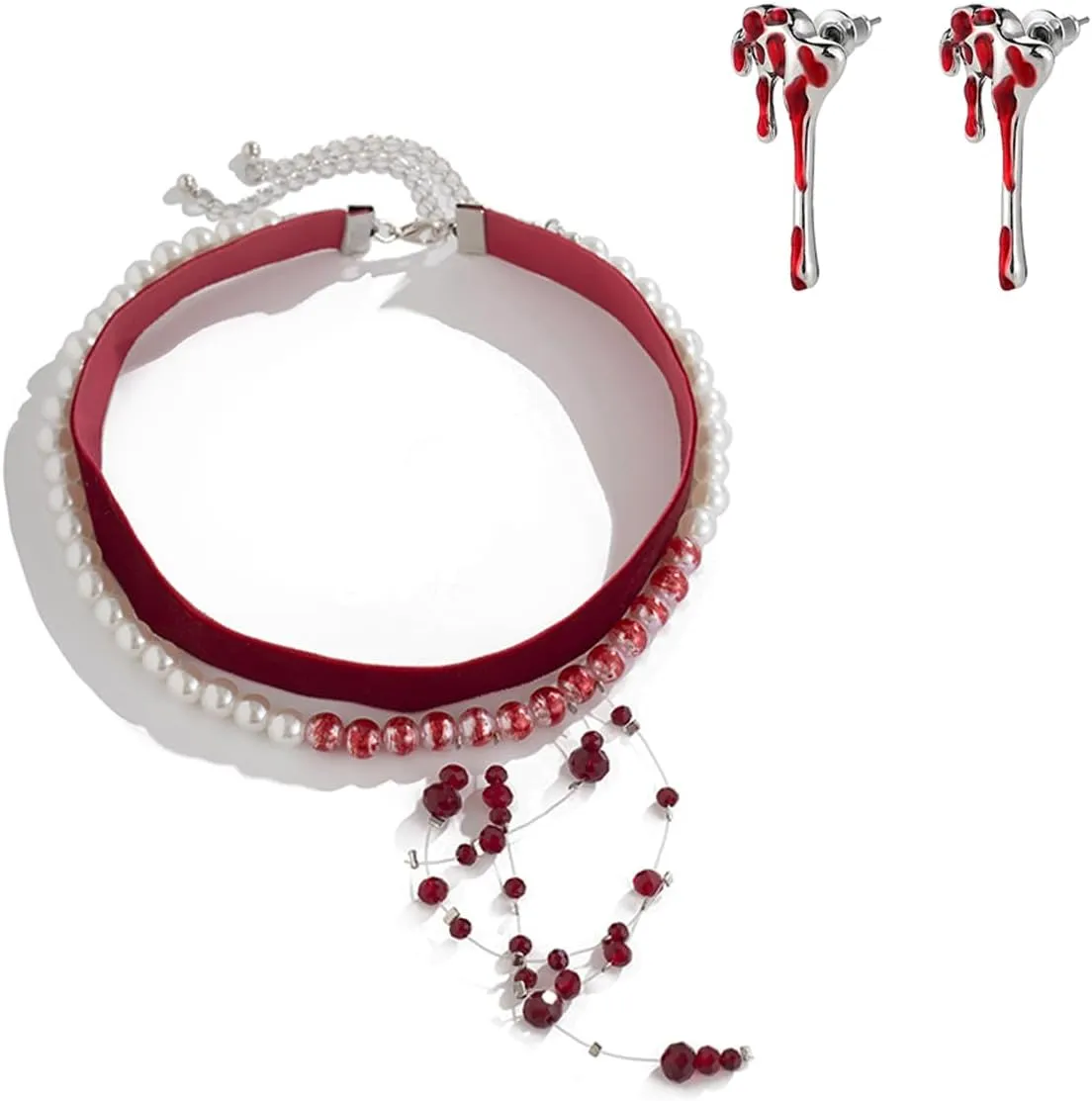 Womens Vampire Dripping Blood Imitation Pearl Necklace Jewelry Set Gothic Bloody Halloween Party Costume Accessores