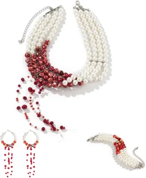 Womens Vampire Dripping Blood Imitation Pearl Necklace Jewelry Set Gothic Bloody Halloween Party Costume Accessores