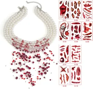 Womens Vampire Dripping Blood Imitation Pearl Necklace Jewelry Set Gothic Bloody Halloween Party Costume Accessores