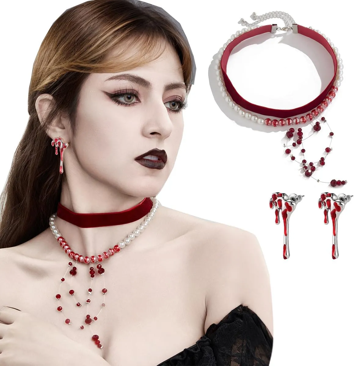 Womens Vampire Dripping Blood Imitation Pearl Necklace Jewelry Set Gothic Bloody Halloween Party Costume Accessores