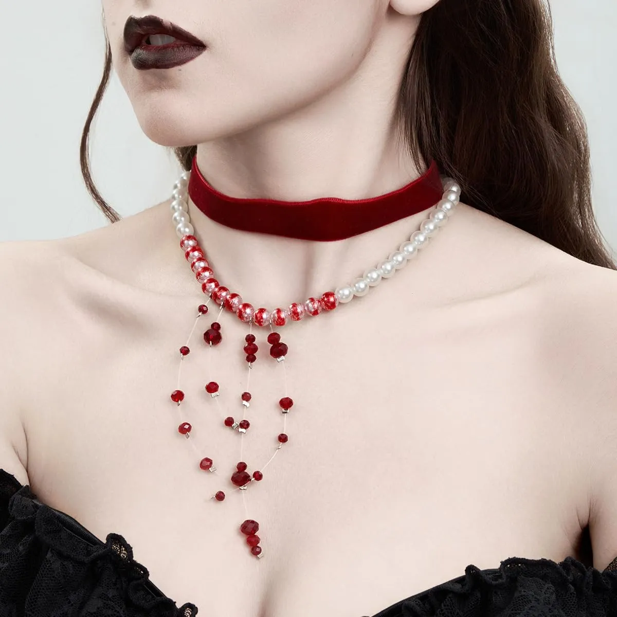Womens Vampire Dripping Blood Imitation Pearl Necklace Jewelry Set Gothic Bloody Halloween Party Costume Accessores