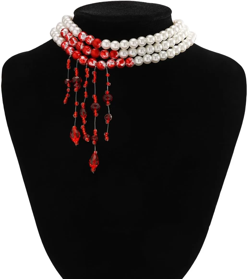 Womens Vampire Dripping Blood Imitation Pearl Necklace Jewelry Set Gothic Bloody Halloween Party Costume Accessores