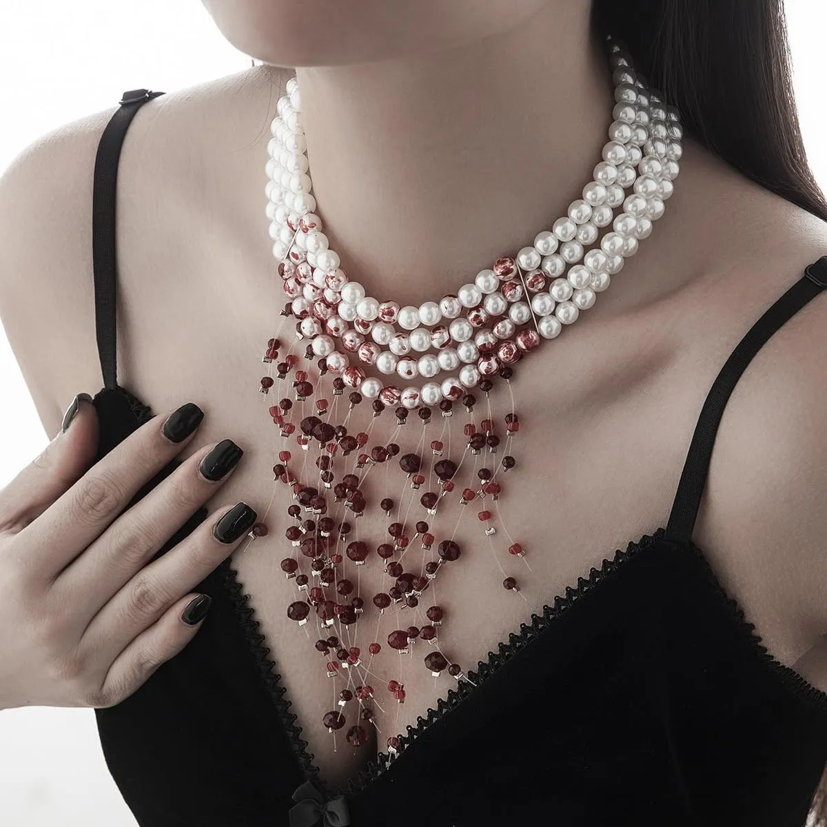Womens Vampire Dripping Blood Imitation Pearl Necklace Jewelry Set Gothic Bloody Halloween Party Costume Accessores