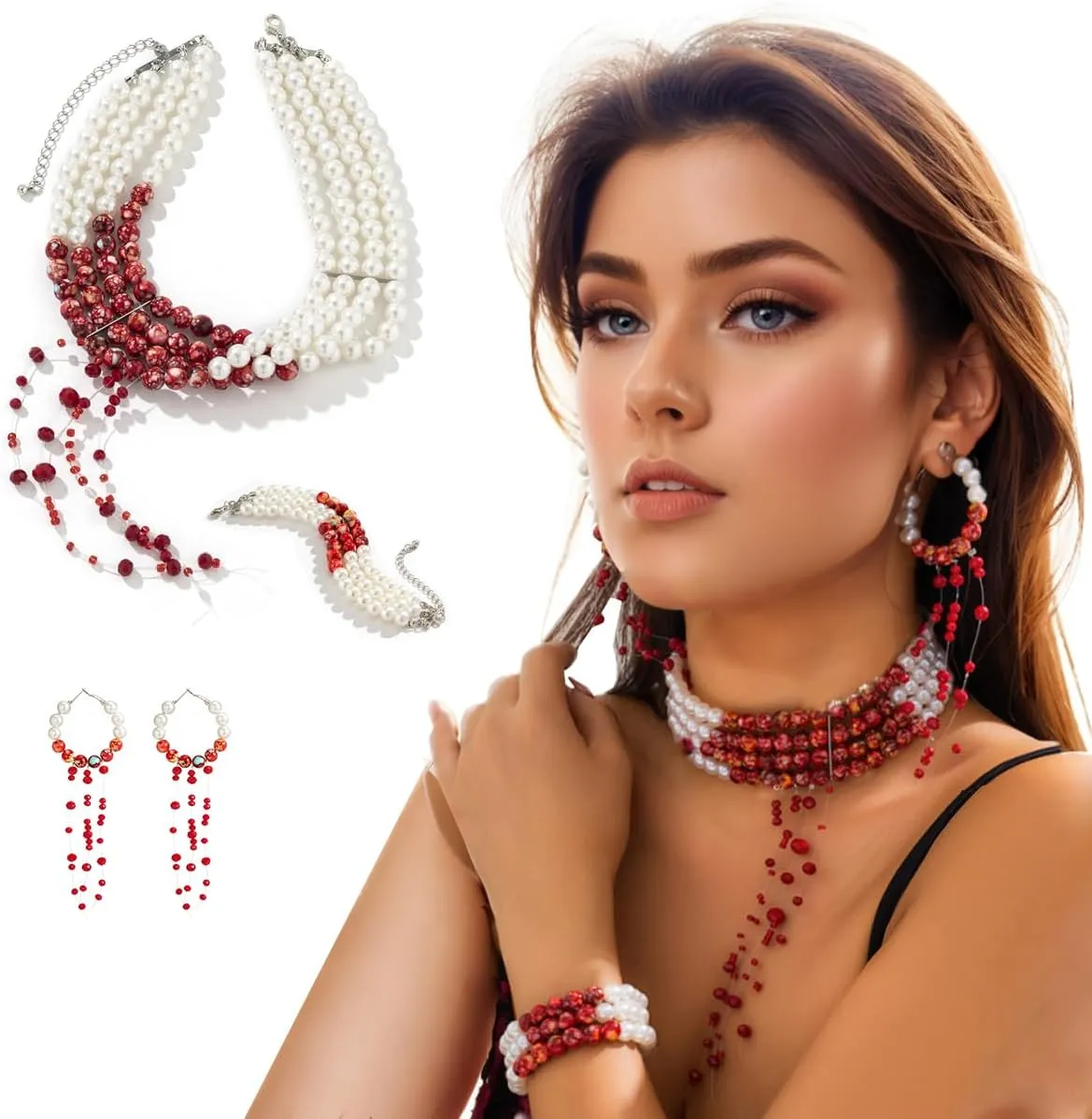 Womens Vampire Dripping Blood Imitation Pearl Necklace Jewelry Set Gothic Bloody Halloween Party Costume Accessores