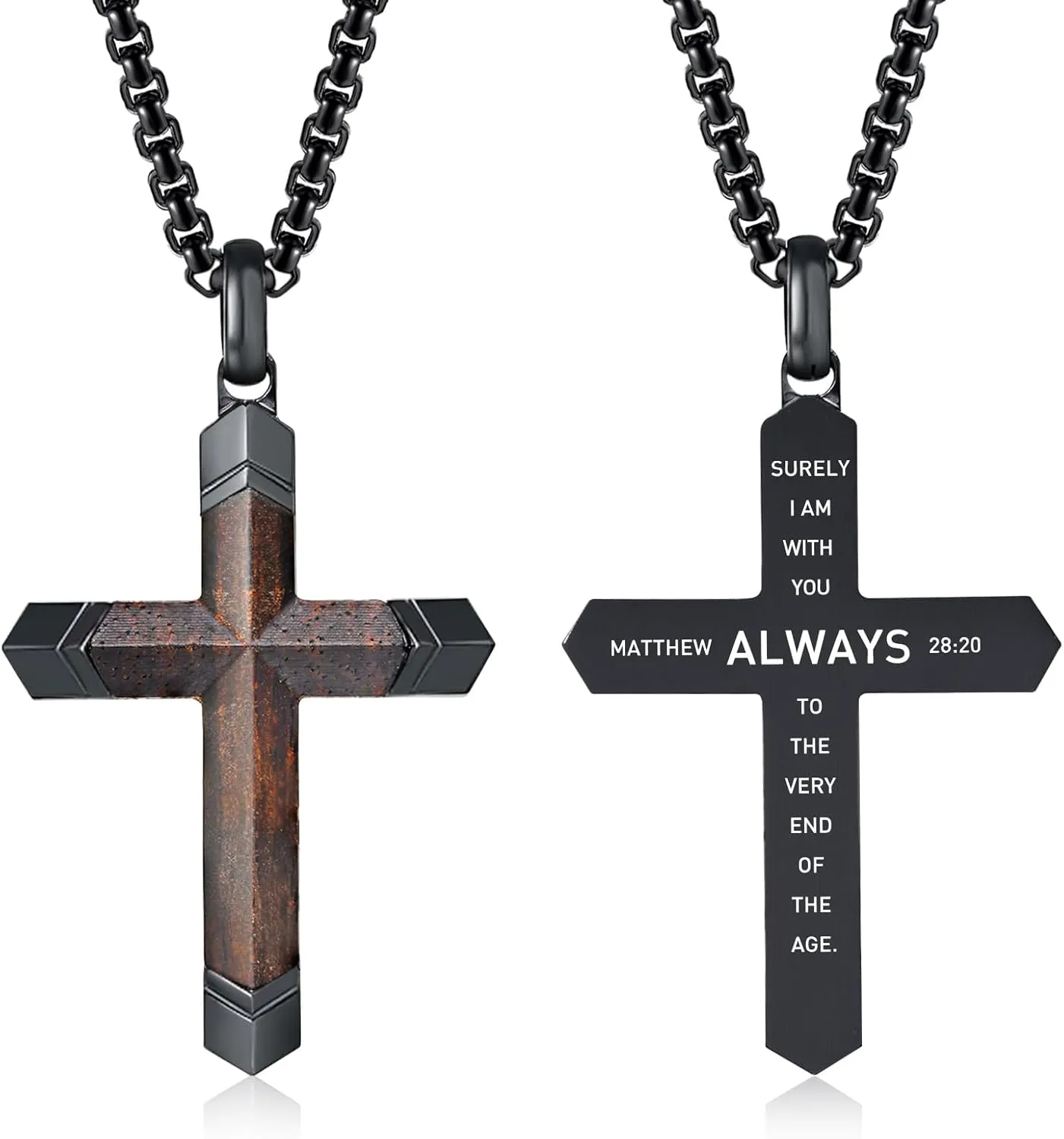 Wooden Cross Bible Verse Necklace for Men, Hawaiian Handmade Real Black Ebony Wood Cross Pendant Stainless Steel Chain, Mens Cross Necklaces Koa Wood Jewelry Christian Baptism Easter Gifts