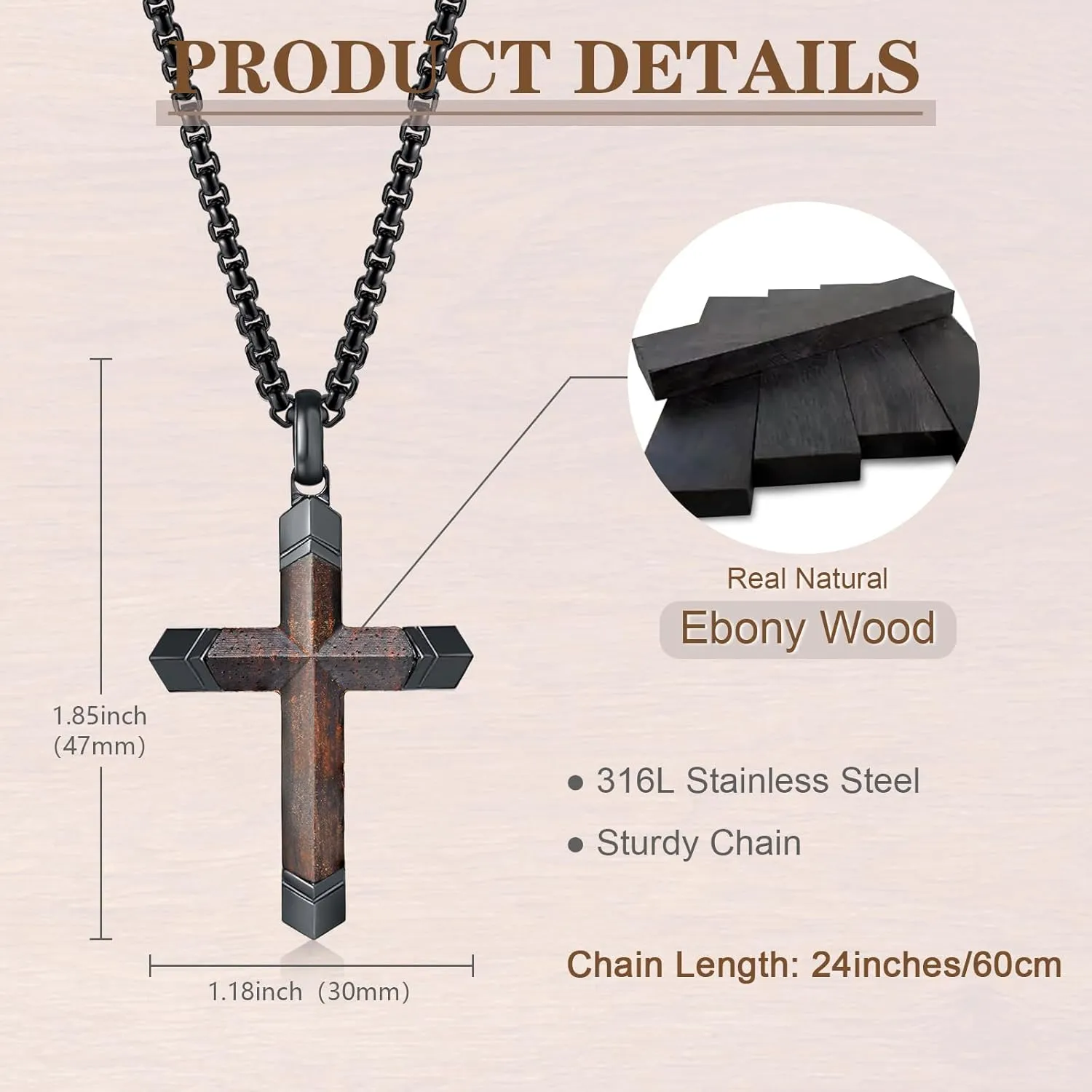 Wooden Cross Bible Verse Necklace for Men, Hawaiian Handmade Real Black Ebony Wood Cross Pendant Stainless Steel Chain, Mens Cross Necklaces Koa Wood Jewelry Christian Baptism Easter Gifts