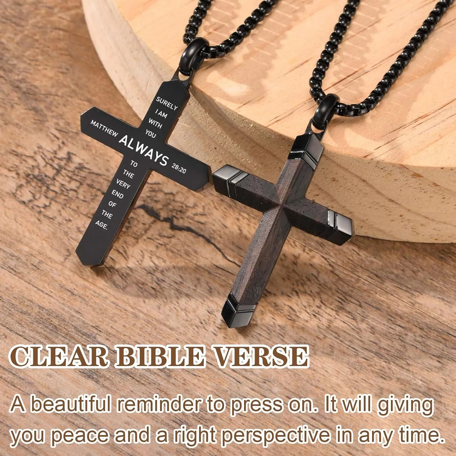 Wooden Cross Bible Verse Necklace for Men, Hawaiian Handmade Real Black Ebony Wood Cross Pendant Stainless Steel Chain, Mens Cross Necklaces Koa Wood Jewelry Christian Baptism Easter Gifts