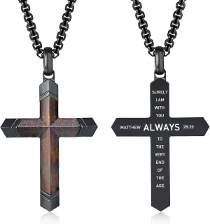 Wooden Cross Bible Verse Necklace for Men, Hawaiian Handmade Real Black Ebony Wood Cross Pendant Stainless Steel Chain, Mens Cross Necklaces Koa Wood Jewelry Christian Baptism Easter Gifts
