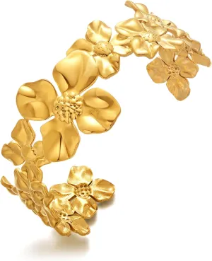 WOWORAMA Gold Flower Bracelets for Women Irregular Flower Cuff Bracelet Boho Vintage Gold Statement Bracelet Chunky Hammered Floral Bangle Bracelets