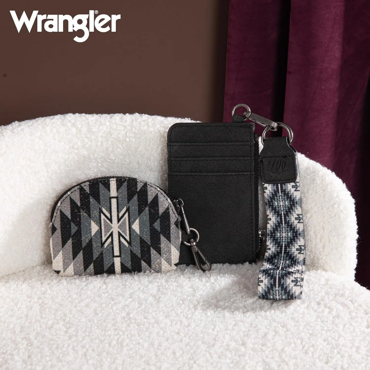 Wrangler Aztec Keychain Wristlet Wallets for Women Western Dual Pouch Wristlet Credit Card Holder Wallet with Zipper Pocket WG2213-W0051BK
