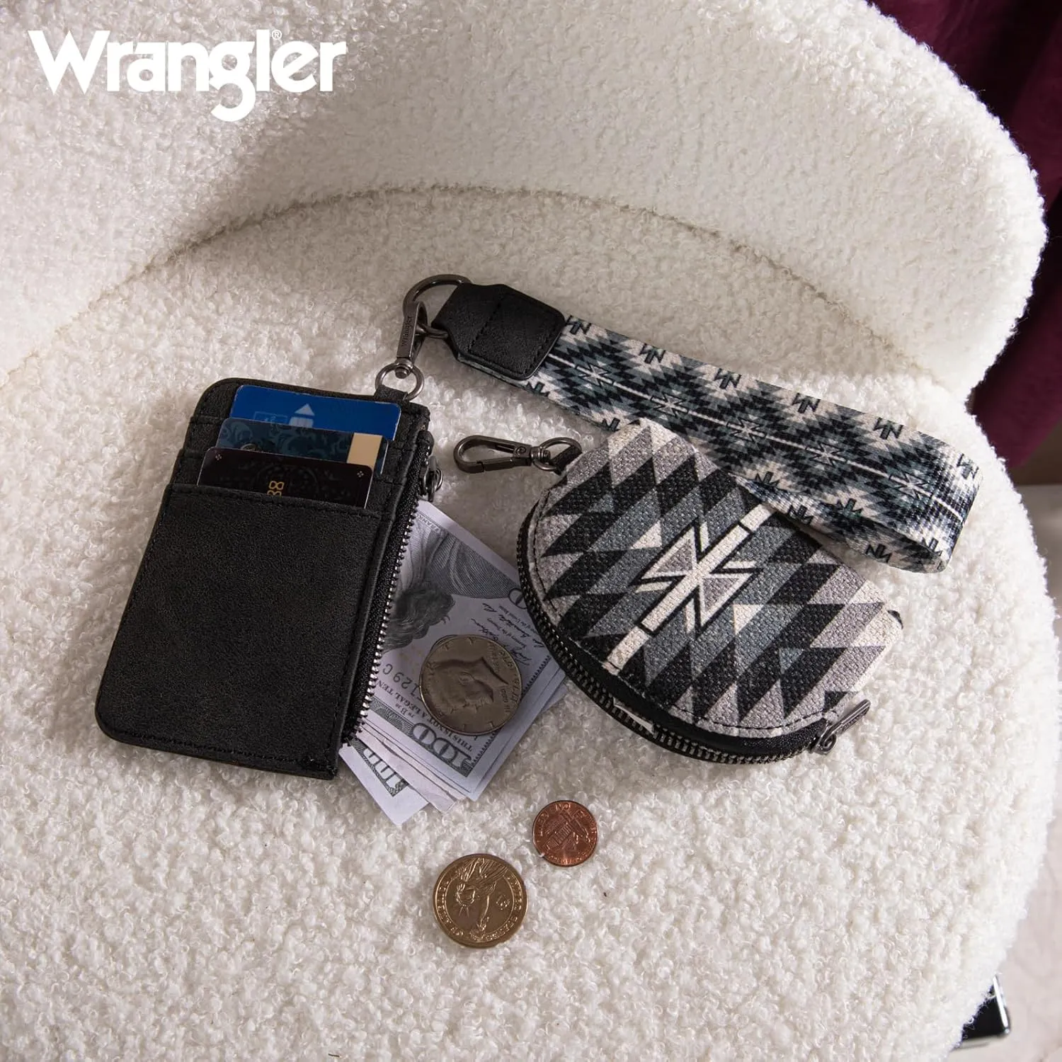 Wrangler Aztec Keychain Wristlet Wallets for Women Western Dual Pouch Wristlet Credit Card Holder Wallet with Zipper Pocket WG2213-W0051BK