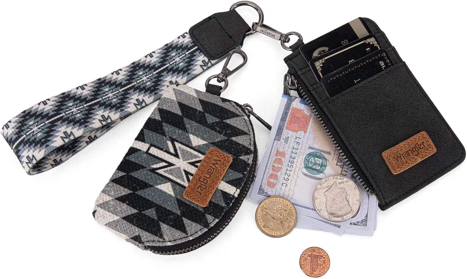 Wrangler Aztec Keychain Wristlet Wallets for Women Western Dual Pouch Wristlet Credit Card Holder Wallet with Zipper Pocket WG2213-W0051BK