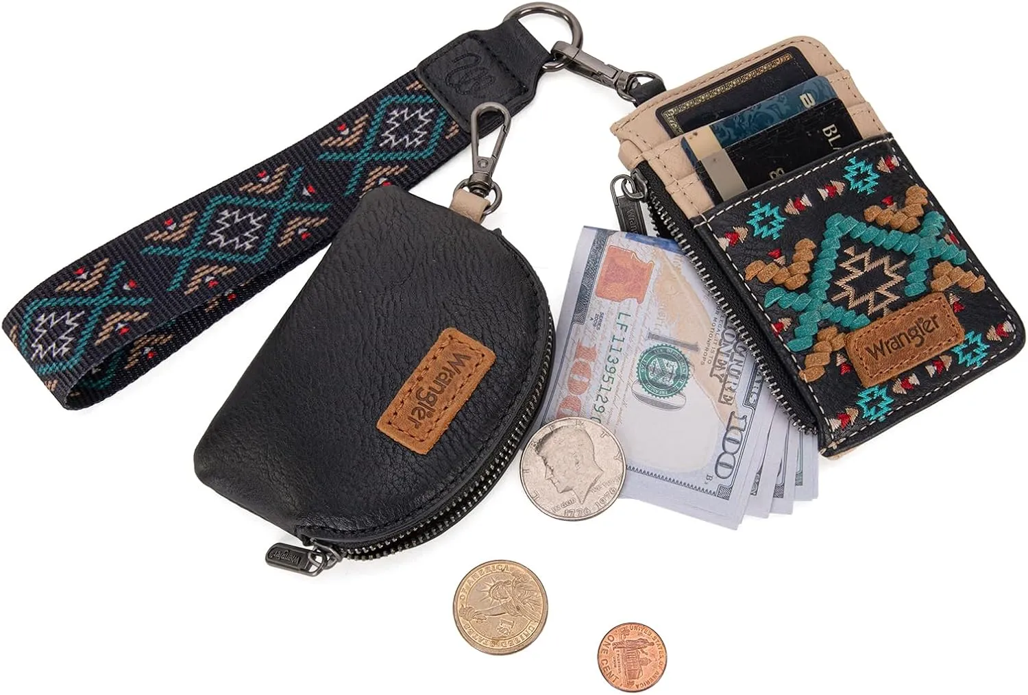 Wrangler Western Keychain Wristlet Wallets for Women Retro Dual Pouch Wristlet Credit Card Holder Wallet with Zipper Pocket WG2214-W0051BK