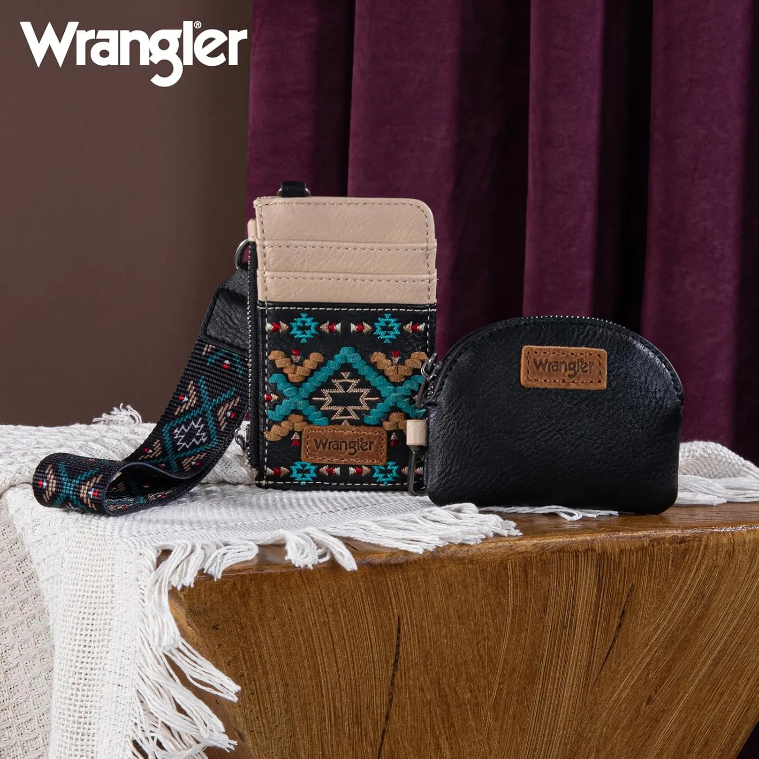 Wrangler Western Keychain Wristlet Wallets for Women Retro Dual Pouch Wristlet Credit Card Holder Wallet with Zipper Pocket WG2214-W0051BK