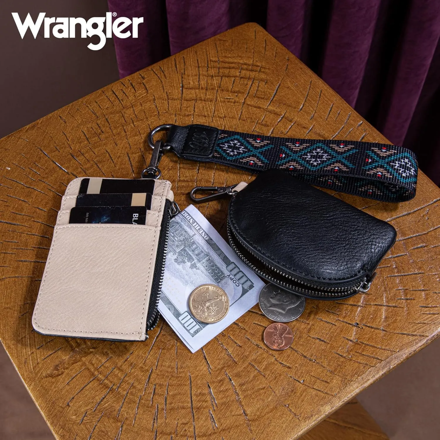 Wrangler Western Keychain Wristlet Wallets for Women Retro Dual Pouch Wristlet Credit Card Holder Wallet with Zipper Pocket WG2214-W0051BK