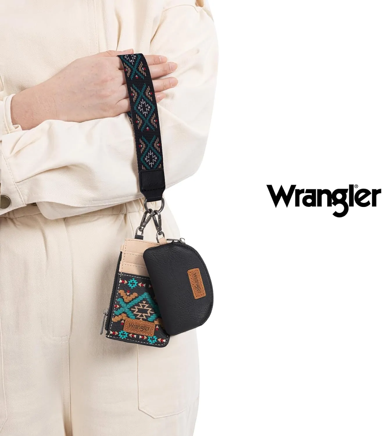 Wrangler Western Keychain Wristlet Wallets for Women Retro Dual Pouch Wristlet Credit Card Holder Wallet with Zipper Pocket WG2214-W0051BK