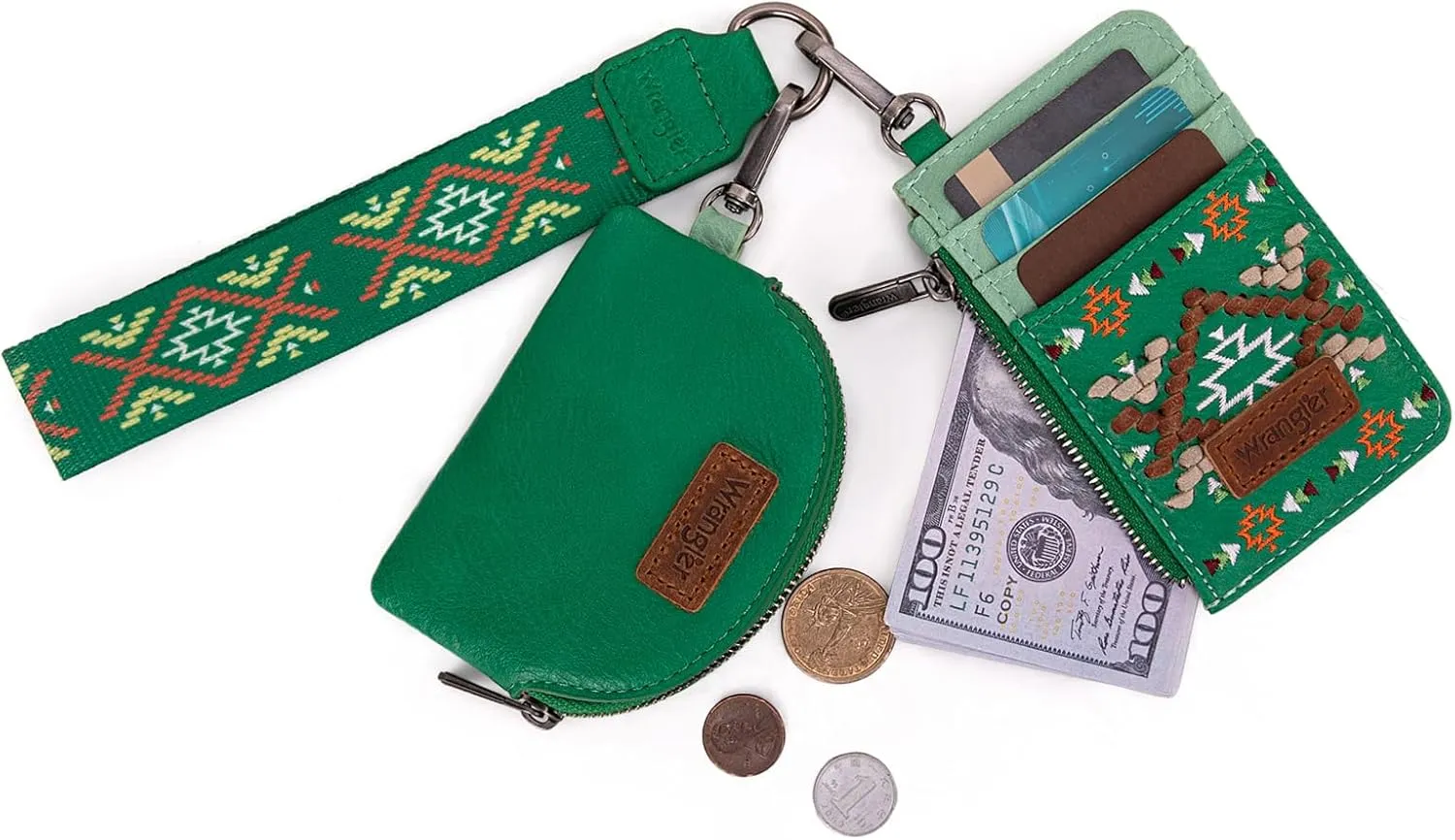 Wrangler Western Keychain Wristlet Wallets for Women Retro Dual Pouch Wristlet Credit Card Holder Wallet with Zipper Pocket WG2214-W0051LGN