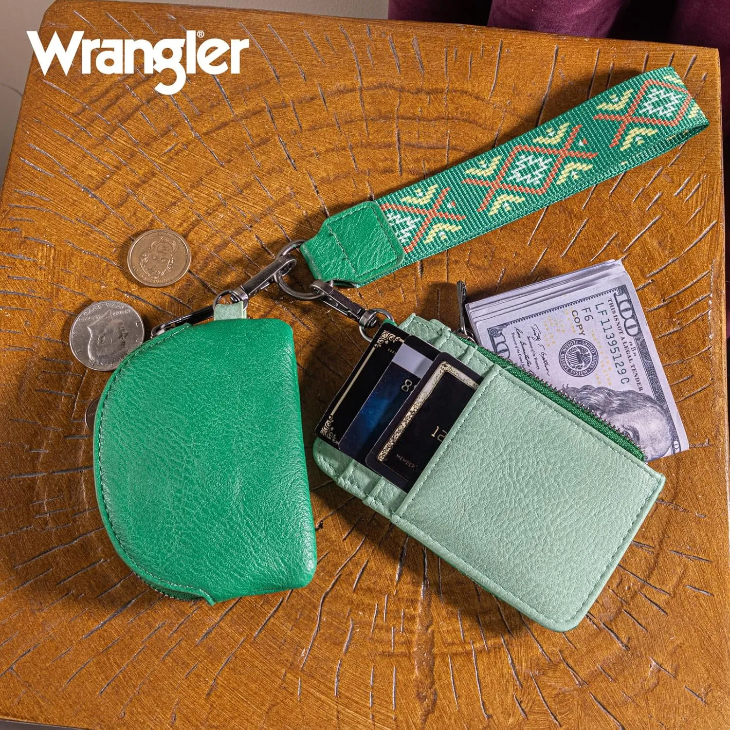 Wrangler Western Keychain Wristlet Wallets for Women Retro Dual Pouch Wristlet Credit Card Holder Wallet with Zipper Pocket WG2214-W0051LGN