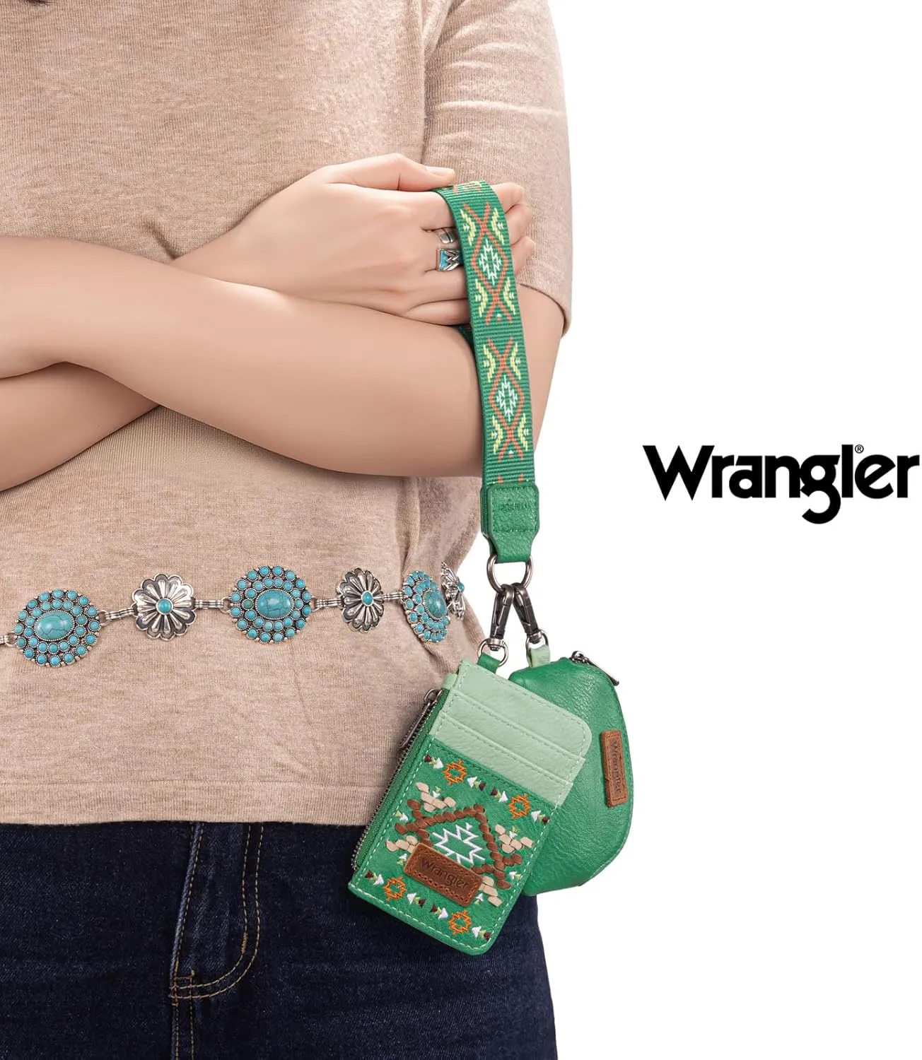 Wrangler Western Keychain Wristlet Wallets for Women Retro Dual Pouch Wristlet Credit Card Holder Wallet with Zipper Pocket WG2214-W0051LGN