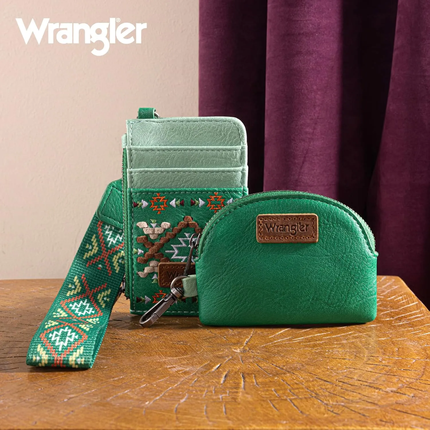 Wrangler Western Keychain Wristlet Wallets for Women Retro Dual Pouch Wristlet Credit Card Holder Wallet with Zipper Pocket WG2214-W0051LGN