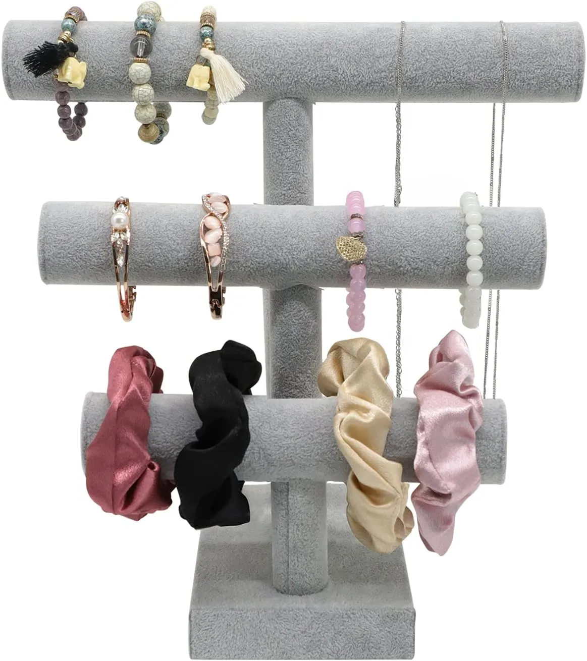 Wudygirl Ice Velvet Bracelet Display Stand with 3 Tier T-Bar Removable Bangle Holder Organizer for Bracelet Necklace Watch Hair Ties(Ice Velvet)