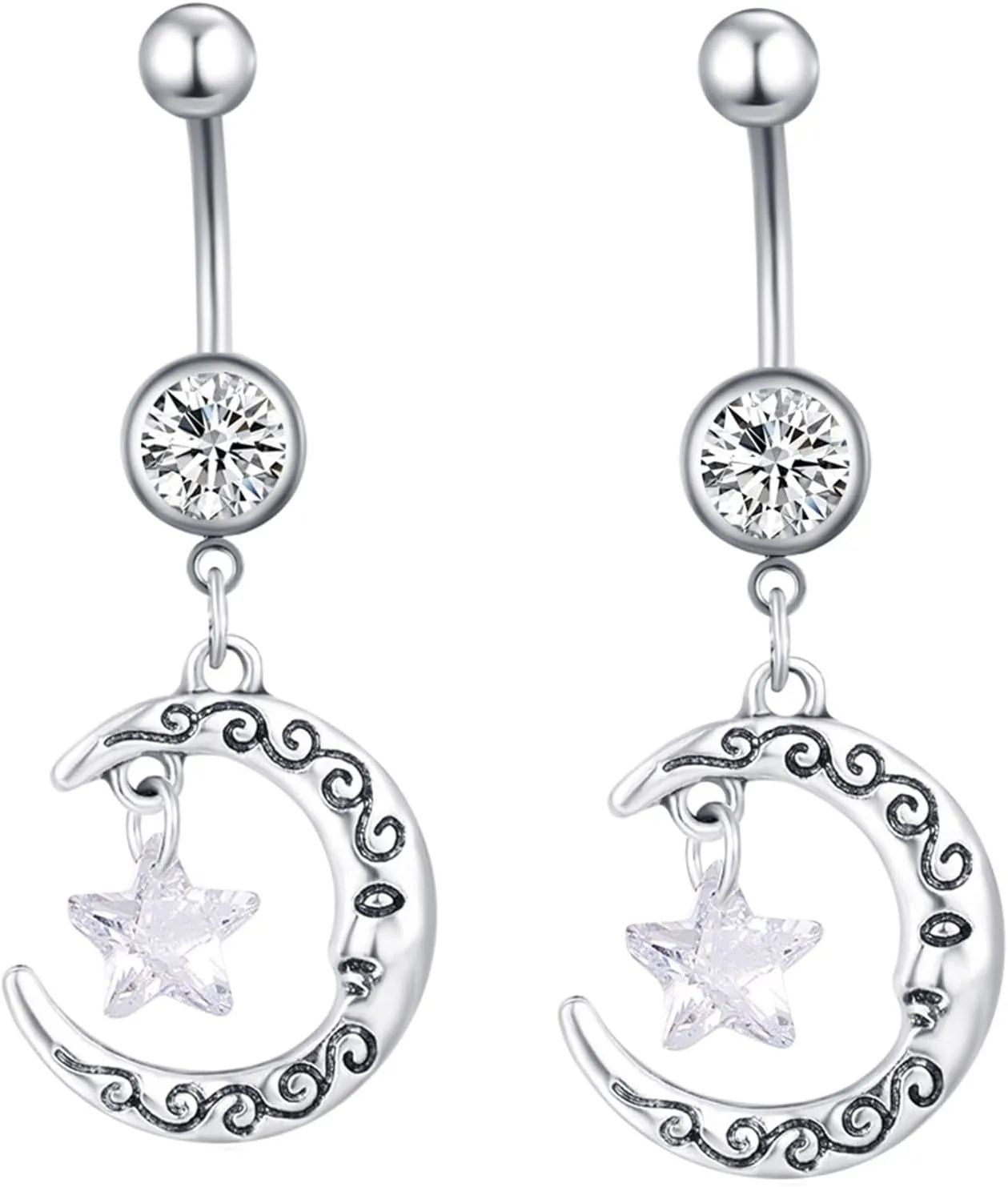 Wycian Navel Rings for Women Dangle, Belly Rings Jewelry Cubic Zirconia Silver Surgical Steel Moon Star for Women Mother Body Piercing Jewelry