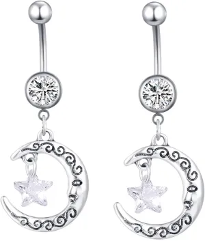 Wycian Navel Rings for Women Dangle, Belly Rings Jewelry Cubic Zirconia Silver Surgical Steel Moon Star for Women Mother Body Piercing Jewelry