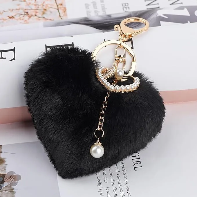 XAM Funny Heart Plush Keychain Cute Faux Fur Pom Pom Key Chains for Purse Backpacks Car Key Gift for Women