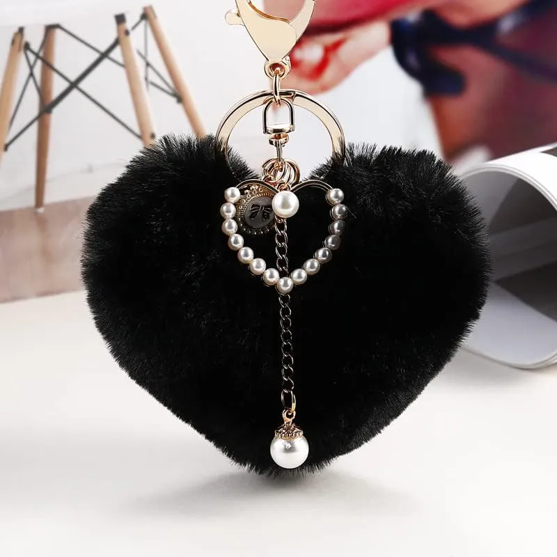 XAM Funny Heart Plush Keychain Cute Faux Fur Pom Pom Key Chains for Purse Backpacks Car Key Gift for Women