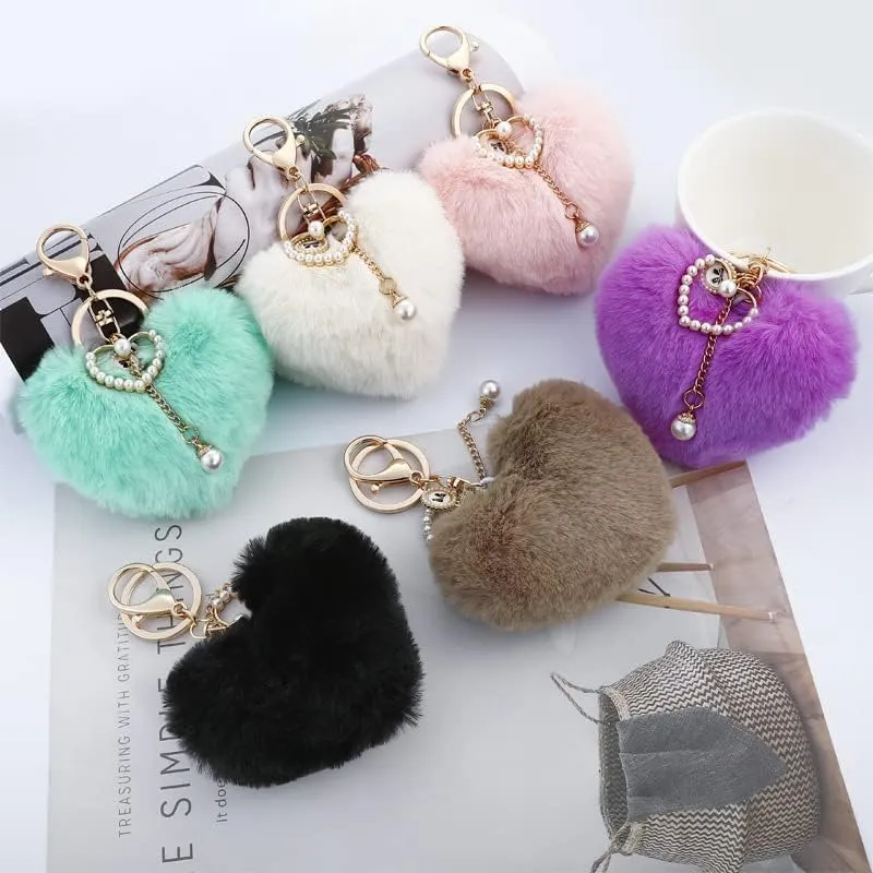 XAM Funny Heart Plush Keychain Cute Faux Fur Pom Pom Key Chains for Purse Backpacks Car Key Gift for Women