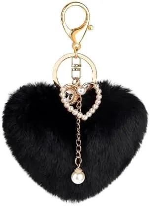 XAM Funny Heart Plush Keychain Cute Faux Fur Pom Pom Key Chains for Purse Backpacks Car Key Gift for Women
