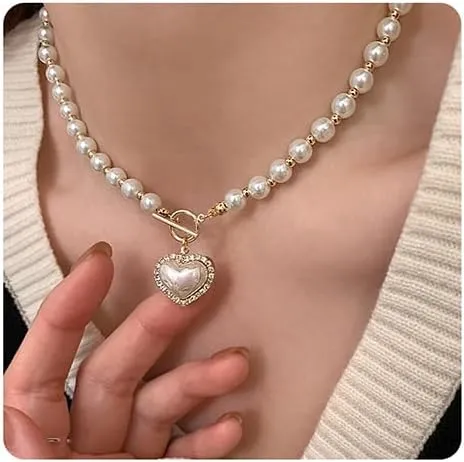 Xerling Boho Faux Pearl Choker Love Heart Crystal Pendant Toggle Necklaces Imitation Charm Pearl Chains for Women (Style B)