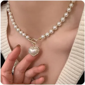 Xerling Boho Faux Pearl Choker Love Heart Crystal Pendant Toggle Necklaces Imitation Charm Pearl Chains for Women (Style B)
