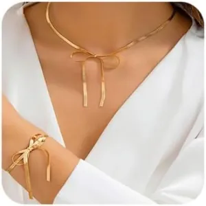 Xerling Bow Choker Necklace Bowknot Chains for Women Xmas Snake Necklace Herringbone Snake Bone Necklaces for Christmas Bow-tie Bracelets