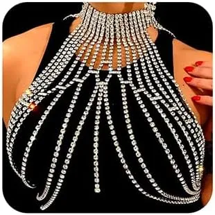 Xerling Rhinestone Fringe Tassels Bra Body Chain Necklace Halter Top Body Jewelry for Women Party Nightclub (Gold)