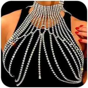 Xerling Rhinestone Fringe Tassels Bra Body Chain Necklace Halter Top Body Jewelry for Women Party Nightclub (Gold)