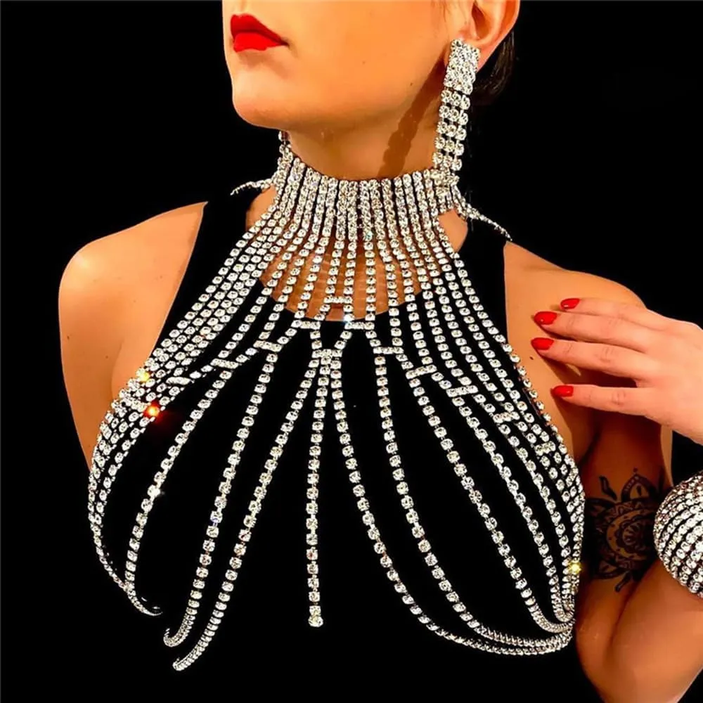 Xerling Rhinestone Fringe Tassels Bra Body Chain Necklace Halter Top Body Jewelry for Women Party Nightclub (Gold)