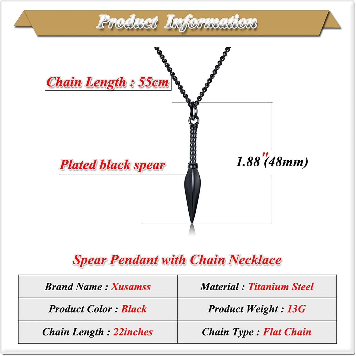 Xusamss Fashion Titanium Steel Spear Pendant Necklace,22" Link Chain