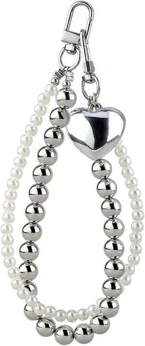 Y2K Keychain Clip Bag Charms White Pearl Silver Bead Heart Pendant Car Key Chain Purse Charms Aesthetic Keychain For Backpack Double Chain Keychain Wristlet Key Chains Women Cute Keychain Accessories
