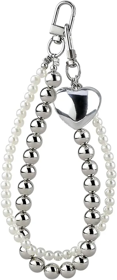 Y2K Keychain Clip Bag Charms White Pearl Silver Bead Heart Pendant Car Key Chain Purse Charms Aesthetic Keychain For Backpack Double Chain Keychain Wristlet Key Chains Women Cute Keychain Accessories