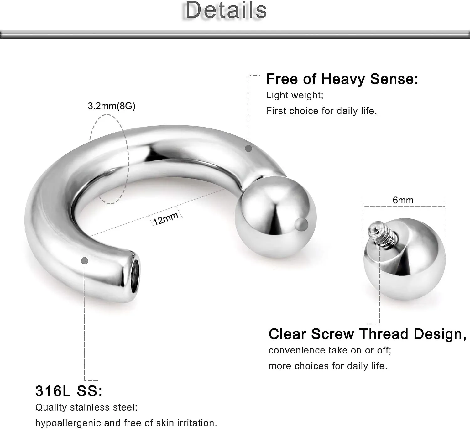 Yaalozei 12G 10G 8G 6G 4G 2G 0G 00G Large Septum Rings 316L Surgical Steel Internally Threaded Barbell Horseshoe Wide Septum Nose Gauges Earring Pa Ring Piercing Jewelry 12mm-19mm