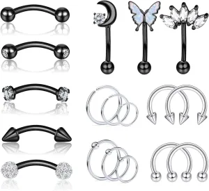 YACHY 18Pcs 16G Eyebrow Piercing Jewelry for Women Men, Rings Rook Earrings Curved Barbells Cartilage Daith Helix Tragus Body Piercings Belly Lip Ring