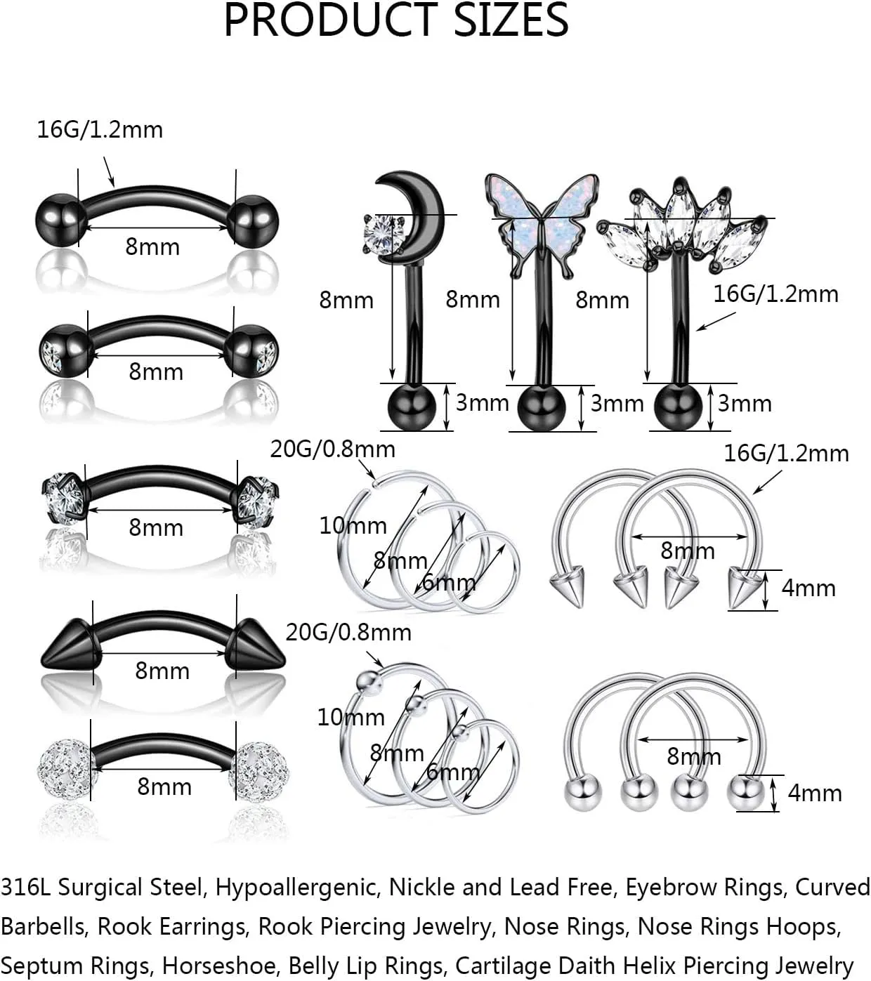 YACHY 18Pcs 16G Eyebrow Piercing Jewelry for Women Men, Rings Rook Earrings Curved Barbells Cartilage Daith Helix Tragus Body Piercings Belly Lip Ring