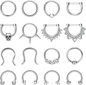 YADOCA 16PCS 16G Septum Rings Jewelry Stainless Steel Septum Clicker Nose Rings Hoops for Women Men Horseshoe Daith Helix Tragus Cartilage Earrings Piercing Jewelry Gold Silver Black Tone 8MM