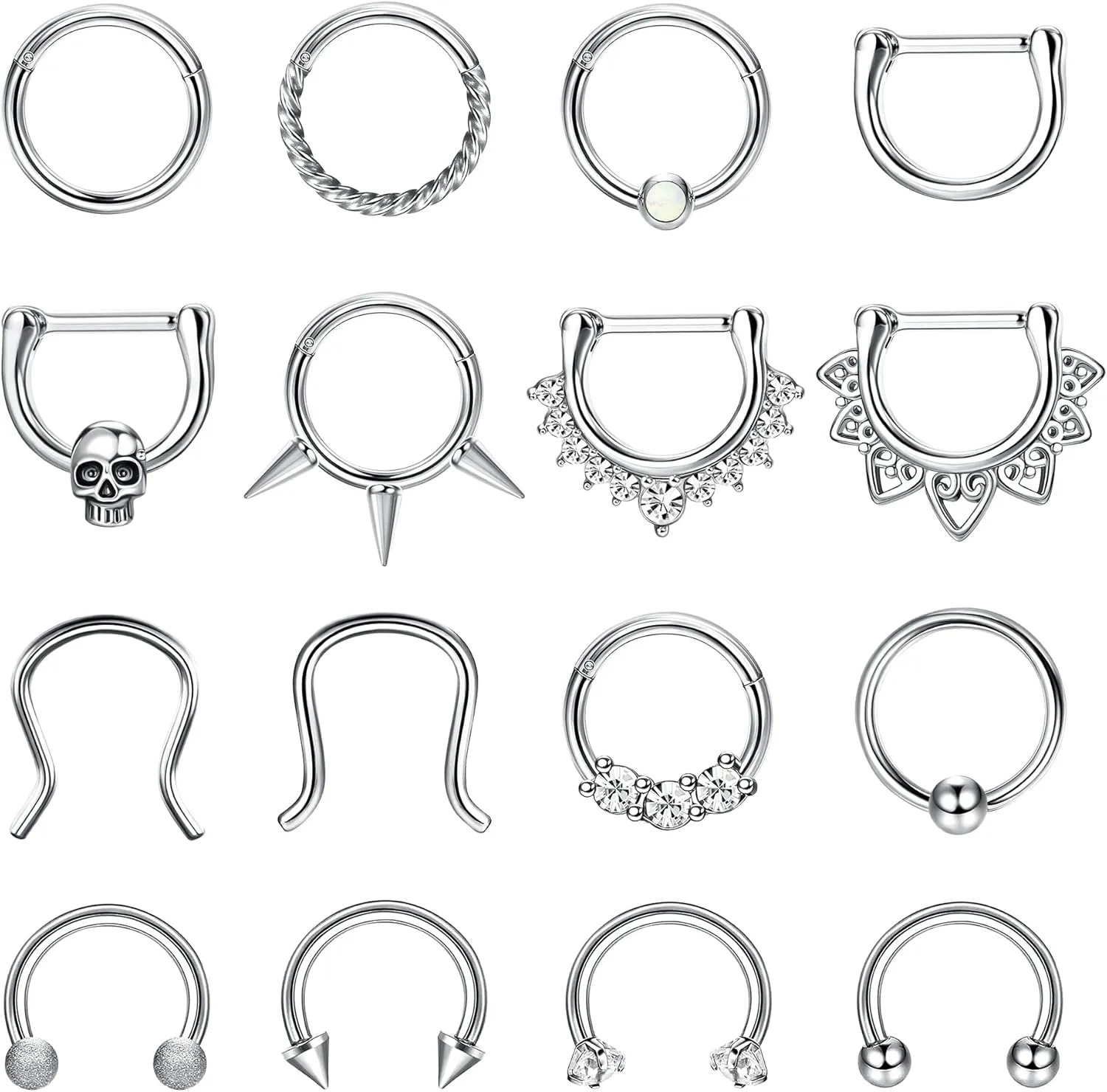 YADOCA 16PCS 16G Septum Rings Jewelry Stainless Steel Septum Clicker Nose Rings Hoops for Women Men Horseshoe Daith Helix Tragus Cartilage Earrings Piercing Jewelry Gold Silver Black Tone 8MM