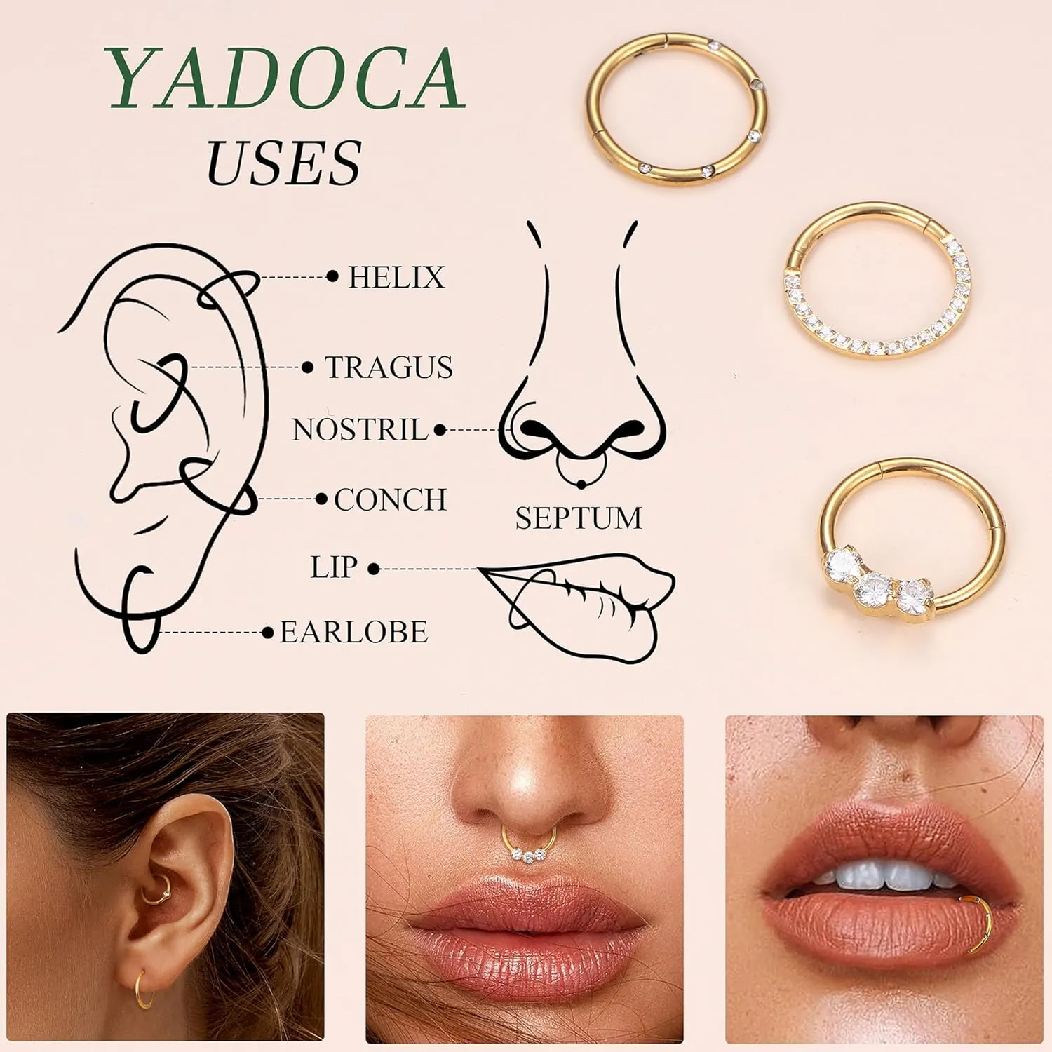 YADOCA Septum Nose Rings for Women Men - Gold Septum Rings 16G 18G Nose Ring Hoops Hypoallergic Surgical Steel Cartilage Earrings Helix Lip Conch Tragus Daith Piercing Jewelry Tone 8mm 10mm