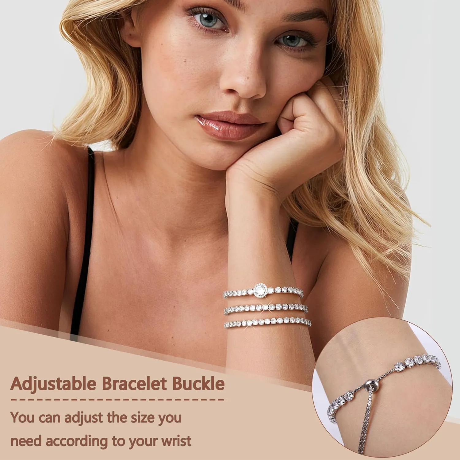 YADOCA Tennis Bracelets For Women - Silver Plated Bracelet Stack Cubic Zirconia CZ Diamond Adjustable Stackable Bracelets Set For Prom Wedding Jewelry Gift 3Pcs