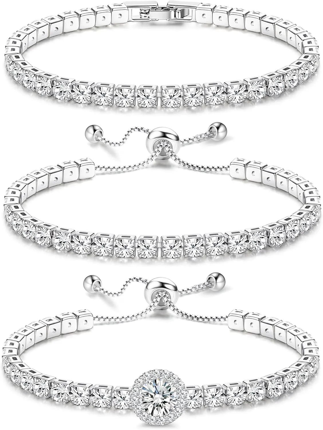 YADOCA Tennis Bracelets For Women - Silver Plated Bracelet Stack Cubic Zirconia CZ Diamond Adjustable Stackable Bracelets Set For Prom Wedding Jewelry Gift 3Pcs