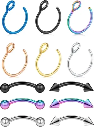 YANCHUN 12Pcs Nose Rings Hoops Lip Rings Studs Set for Women Men Colorful Staineless Steel Body Piercing Jewelry
