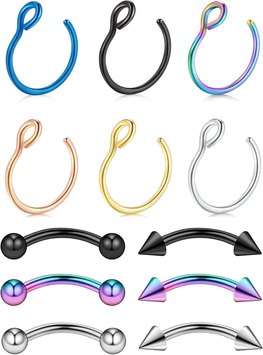 YANCHUN 12Pcs Nose Rings Hoops Lip Rings Studs Set for Women Men Colorful Staineless Steel Body Piercing Jewelry